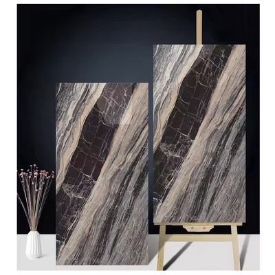 Moderne piastrelle di scalinata nera e dorata con strisce di fuoco arancione 600x1200 Gloss grooved