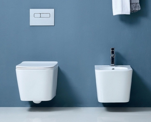 One Piece Hotel Sanitary Ware Wall Hang Toilet con copertura seduta lenta P-trap drenaggio